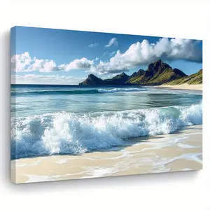 2D Flat Surface, 1 Piece Tranquil Ocean Waves Coastal Landscape Wall Art - Vibrant Beach and Roaring Waves, Wooden Frame Canvas Painting, Horizontal Edge Decoration, Suitable for Living Room, Bedroom, Kitchen - Ideal Gift, Beach Theme Decoration, Durable