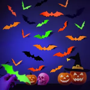 72PCS Glow Halloween Bats Decoration, 4 Different Size Glow in The Dark Party Supplies, Fluorescent 3D Paper Bat Stickers for Neon Party Decor DIY Wall Decal Indoor, Glow Halloween Party decor