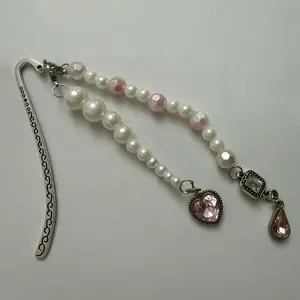 Pearl Beaded Bookmark with Pink Crystal Charms Elegant Handmade Bookmark for Book Lovers Perfect Gift Idea