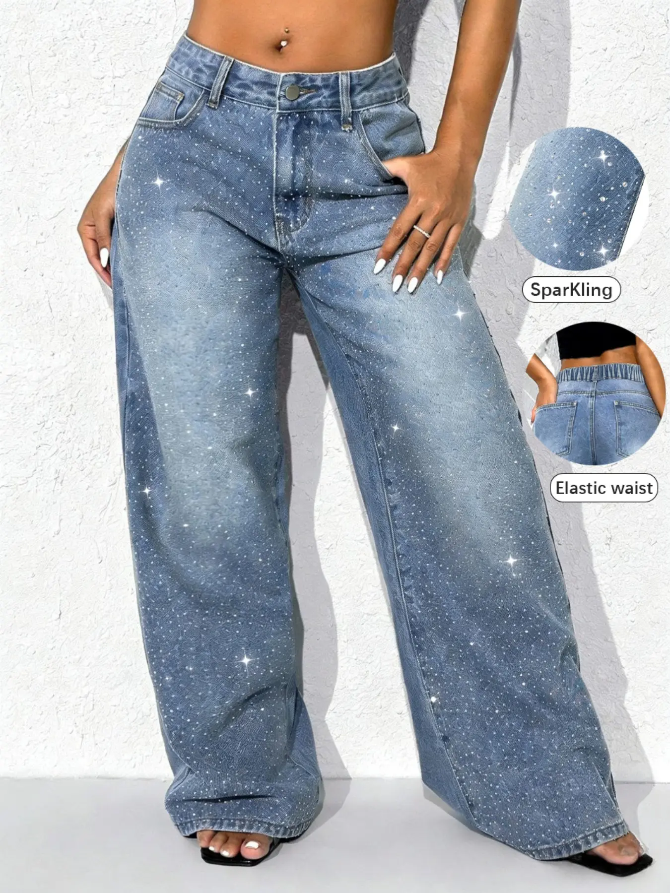 Women's Trendy Fashion Streetwear Rhinestone Design New Elastic Comfortable Fitted Flattering Jeans Versatile Authentic Jeans Denim Jeans, Womenswear, Button, Pants, Casual, Elegant Style, All Seasons, Woven Fabric