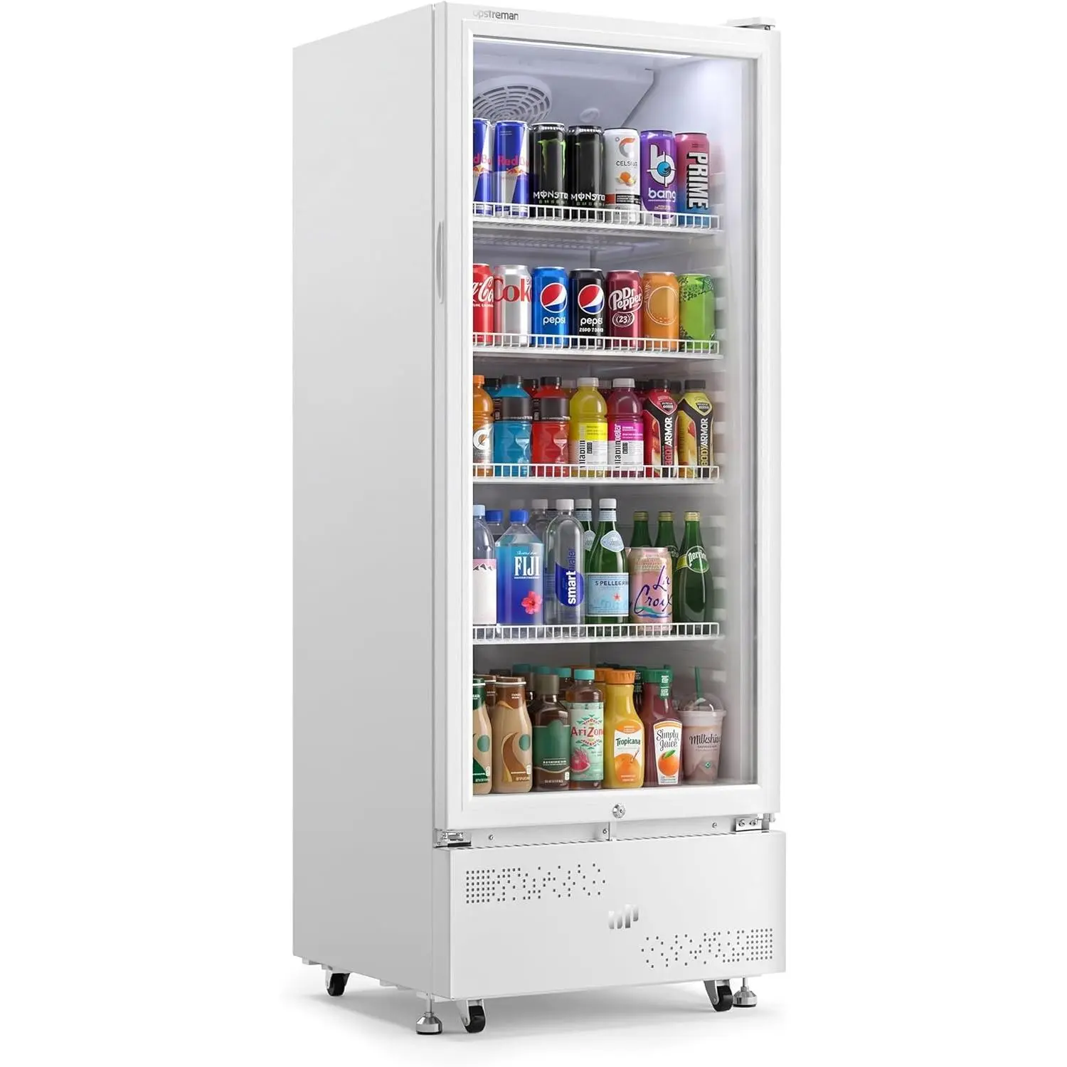 Upstreman 9.8 Cu.Ft Commercial Display Refrigerator - Glass Door Fridge, Ice-Free, Lock, LED Light, Removable Shelves, Swivel Wheels, White, D98, Multifunctional for Convenience Store