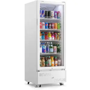 Upstreman 9.8 Cu.Ft Commercial Display Refrigerator - Glass Door Fridge, Ice-Free, Lock, LED Light, Removable Shelves, Swivel Wheels, White, D98, Multifunctional for Convenience Store