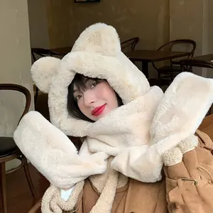 Bear hat autumn and winter women's scarf gloves integrated winter scarf cartoon cute warm plush winter three-piece set