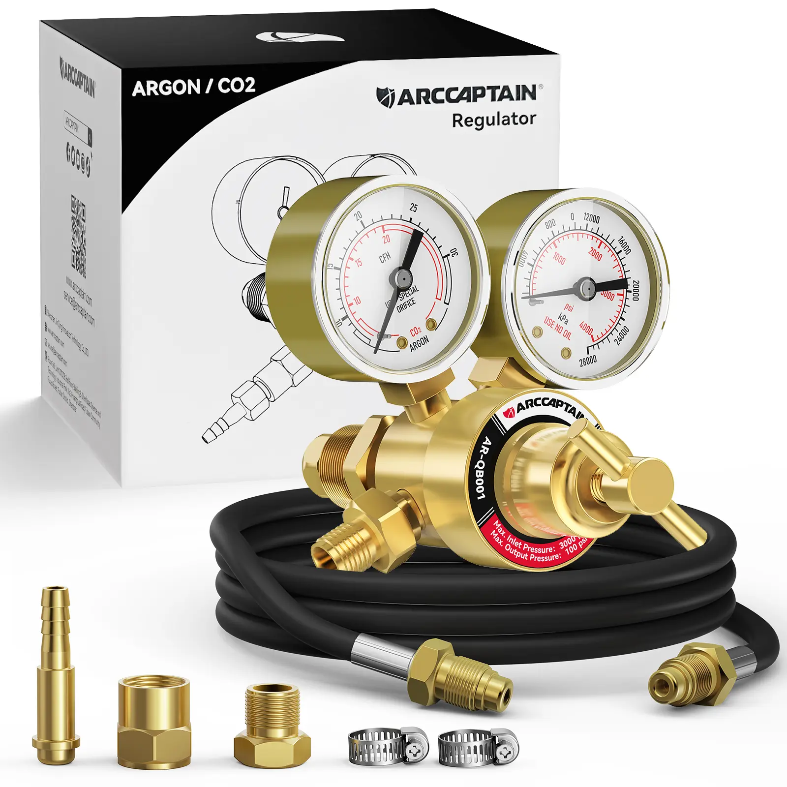 ARCCAPTAIN Heavy Duty Brass Body Argon/CO2 Regulator with Gauges, CGA-580 Inlet, 1 x 8.2 ft Inert Gas Welding Hose, Clamp, Dual Protection, Full Compatibility, High-Density Filter, Precision Flow Control for Gas Welding, Medical