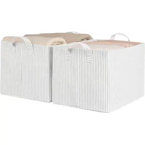 2-Pack Large Fabric Storage Bins for Shelves, Khaki and Beige Striped Storage Baskets with Metal Frame and Handles, Foldable Closet Organizer Bins