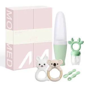 MomMed Baby Gift sets Food Feeder & Silicone Baby Teething, Nursing & Feeding tools, Toys for Babies 0-12 Months, BPA Free Softand Textured Ring Silicone Teether Relief Soothing Sore Gums ChewInfant Toys