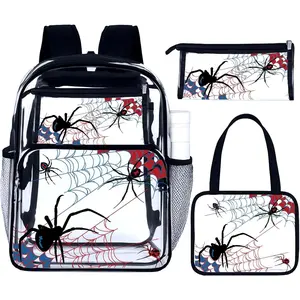 3 count Clear Backpack Heavy Duty Clear Stadium Bag Transparent Backpack with Lunch Bag(Black,Spider)