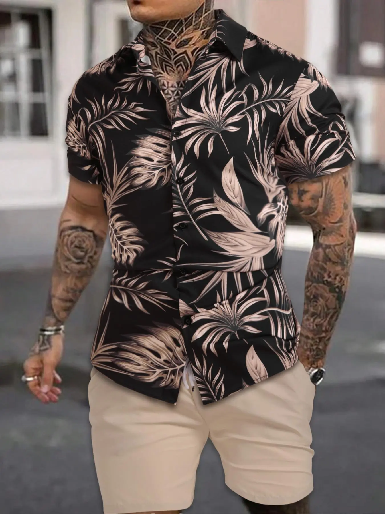 Men's Button Front Shirt & Solid Drawstring Shorts Set, Summer Clothes, Stylish Casual Elastic Waist Pocket Shorts for Summer, Men's Tracksuit for Travel Fitness Golf, Breathable Men's Bottoms for Daily Wear, Tropical Clothing