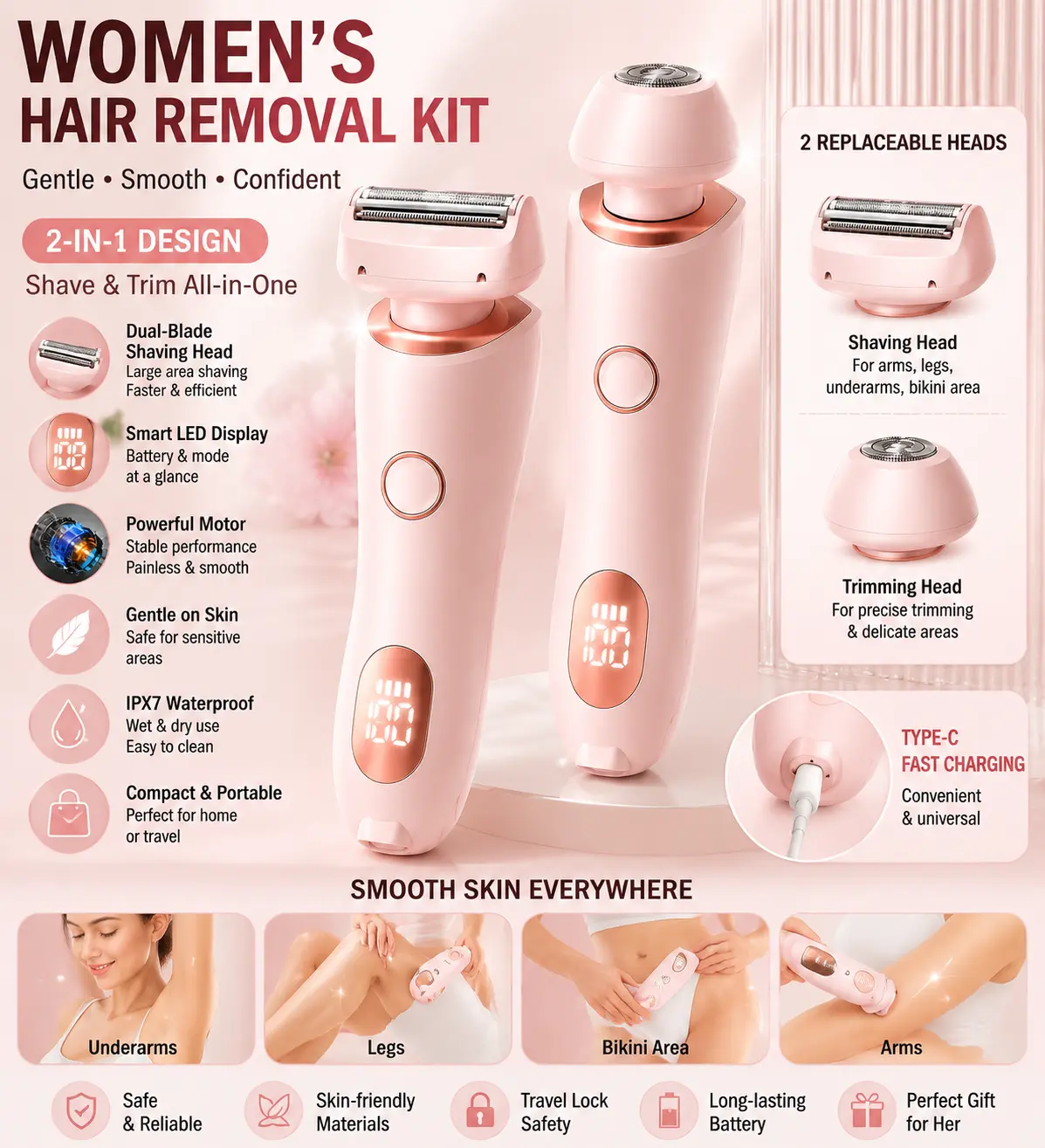 2 in 1Women Electric Hair Removal Kit IPX7 Waterproof Wet Dry Use Bikini Trimmer Rechargeable Type-C Fast Charging Ladies Shaver with LED Display Travel Lock for Legs Underarms Arms Sensitive Skin intimate gift body groomer removable head woman  washable