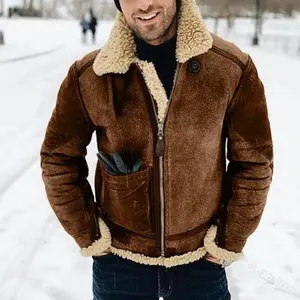 Mens Leather Bomber Jacket Warm Piolt Winter Shearling Jackets Aviator Coat