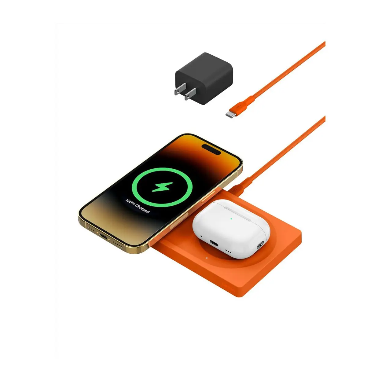 Belkin 2-in-1 MagSafe Wireless Charging Pad - Qi2 15W, Compatible with LED, Smartphone, Cellphone, Electronic Device (Orange)