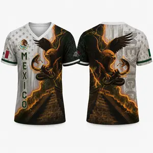 Men's Short Sleeve Graphic Sport T-Shirt, V-Neck Mexico-Inspired Eagle Print, Breathable Lightweight Performance Mesh, Athletic Shirt, Breathable Lightweight Top