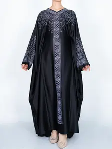 High-Quality Rhinestone Satin Islamic Abaya Eid Robe, Elegant Geometric Design, Long Sleeve Maxi Dress, Perfect for Special Occasions, Abayas for Eid