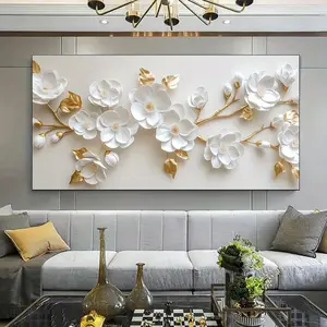 1pcs framed canvas painting, large canvas art, modern white and gold luxury 3D floral canvas painting art for living room modern canvas poster, suitable for living room, bedroom office decoration.