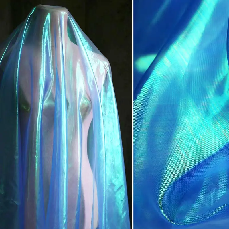 Blue Shimmering Sheer Mesh Fabric - Lightweight Breathable Textile for DIY Crafts, Wedding Backdrops, Party Decorations, Cosplay with Dreamy Effect