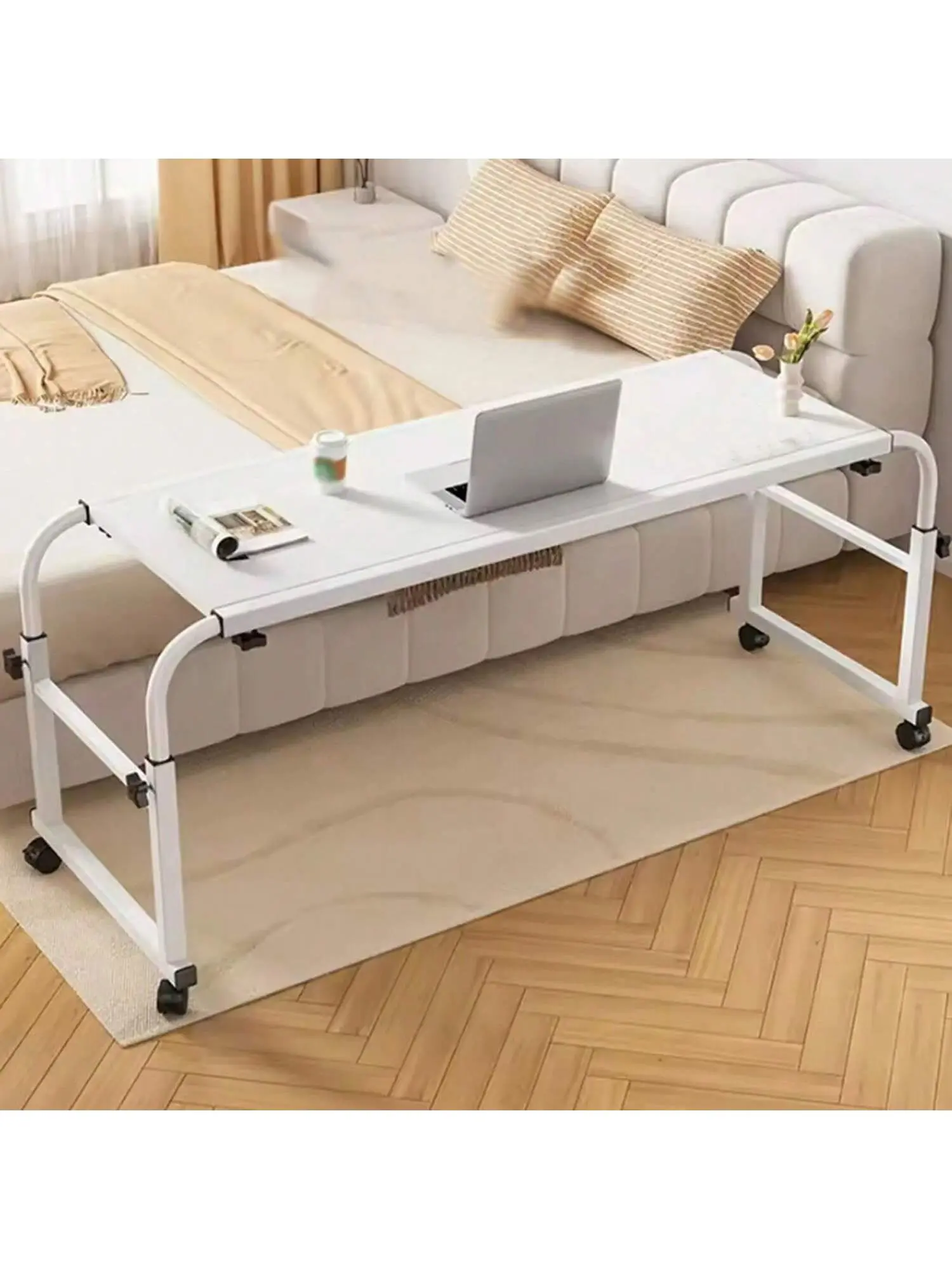 Adjustable Overbed Furniture Table with 4 Lockable Wheels, Steel Frame, Curved Edges, Height-Adjust Functionality – Curved Edge Laptop Desk for Home Office and Hospital Use