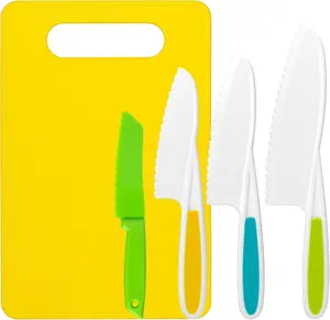 Summer Spring Gift Montessori Kitchen Tools 5 Pcs Kids Cooking Sets with 4 Pcs Children's Safety Knives and 1 Pc Cutting Board