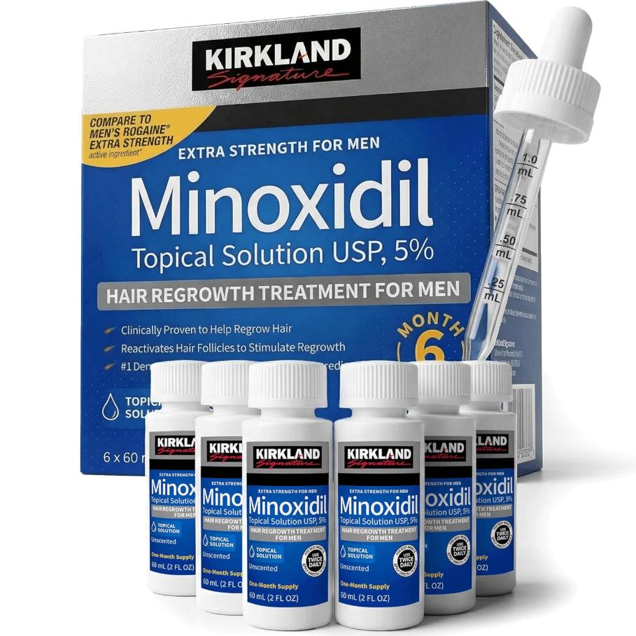 KIRKLAND 5% Minoxidil Hair Growth Solution (Unisex), includes a free microneedle roller, 3-month supply | Improves thinning hair from the roots, increases hair density, and promotes healthy growth. Dermatologist tested.