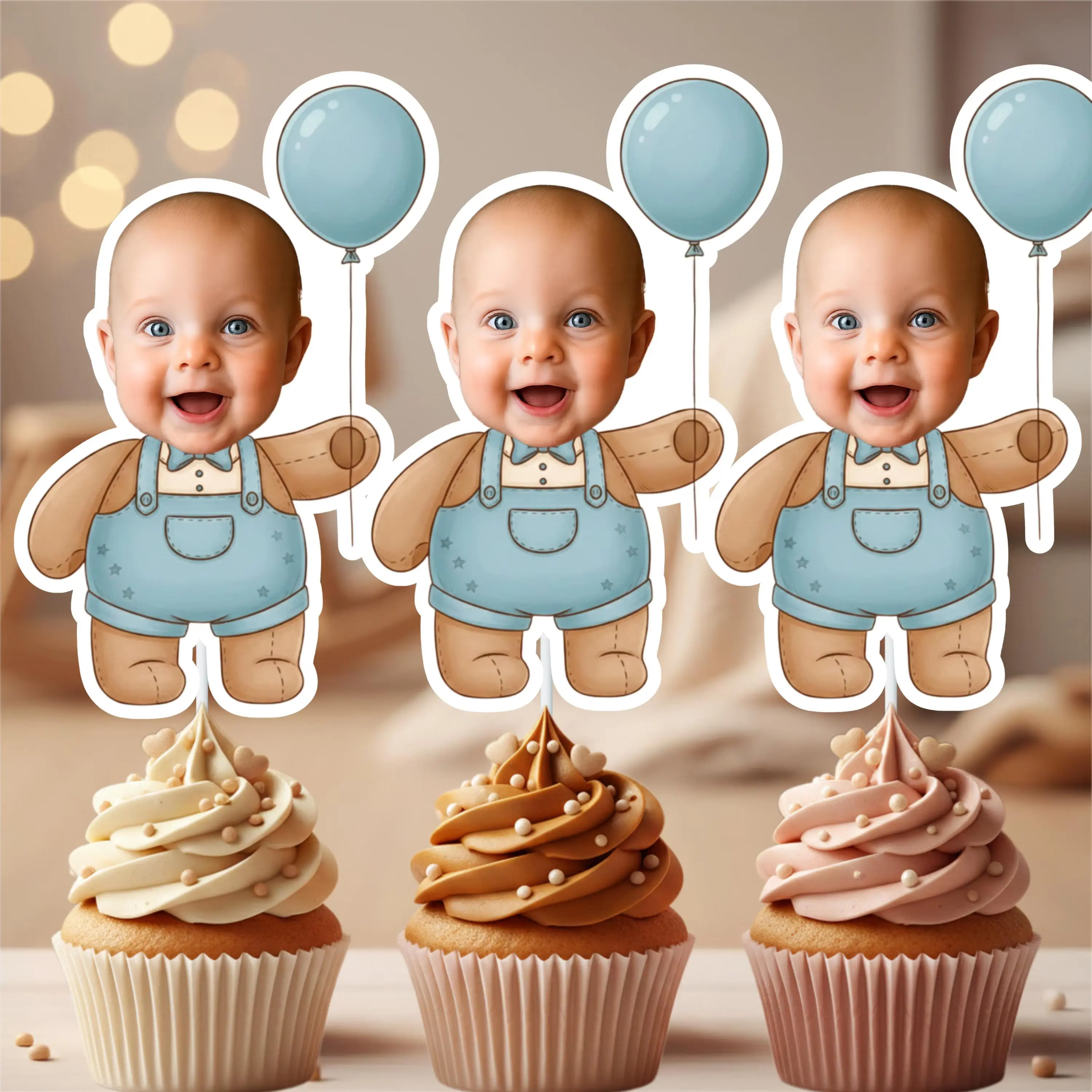 Personalized Teddy Bear Face Cupcake Toppers, Laminated Woodland Children's Photo Print Birthday Cake Decoration