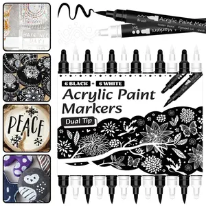 Black White Acrylic Paint Pen, Acrylic Marker, Dual Tip Marker, Acrylic Marker Pens, 12 Pcs Brush and Fine Dotl Tip Permanent Black White Paint Markers for Paper, Rock Painting, Wood Sign, Metal, Plastic, Ceramic Drawing