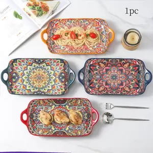 Bohemian Ceramic Rectangular Plate with Handles, Colorful Floral Geometric Design, Perfect for Home, Party & Holiday Use