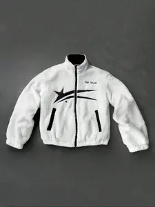 Men's Jacket Outerwear, White Fleece Jacket With Star Pattern, High Tolerance, Full Sleeve And Front Zipper From Collar To Waist. The Zipper Is Black, Contrasting With The White Jacket.