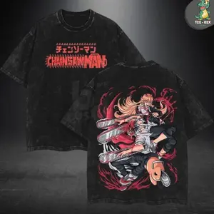 New Collection - Denji x Power Chainsaw Man Double Printed Oversize Unisex T-Shirt Washed – Cool Anime Streetwear Graphics Tee Design Shirt, Summer Fashion Urban Outfit Anime Merch Clothes Top BLB