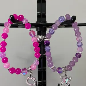 Purple and Pink Friendship Bracelet with Butterfly and Kitten Charm