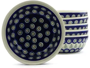 Polish Pottery Set of 6 Bowls 7" Peacock Christmas