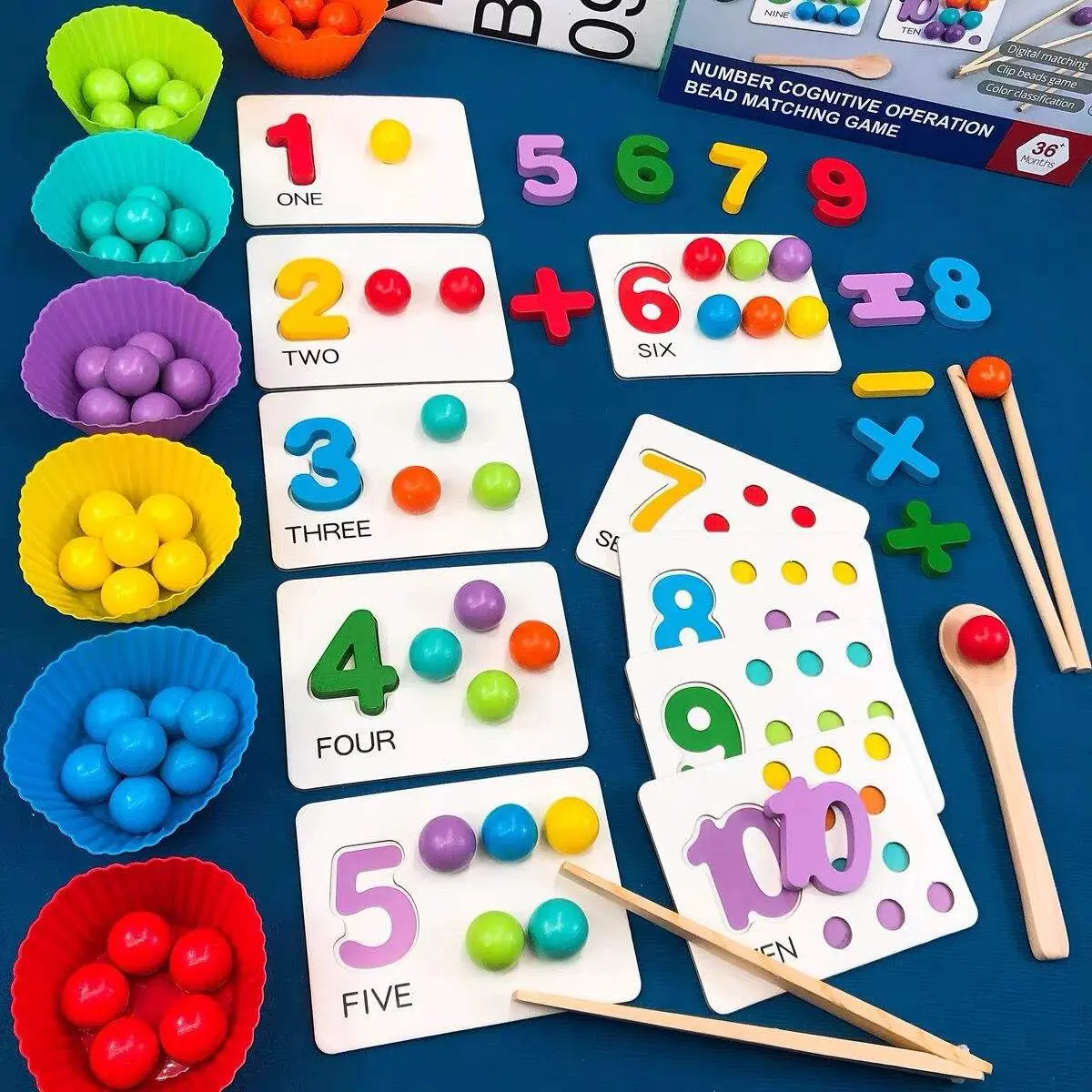 Number Cognitive Operation Bead Matching,Montessori Arithmetic Math Toy Set- Silicone DigitalLearning with Beads, Chopsticks & Spoons-Educational Gift for Kindergarten, Set Colorful Bead Matching Puzzle,Preschool MathsToy, Learning Toy