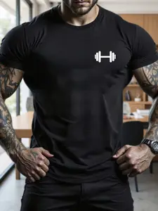 Men's loose round neck T-shirt | Minimalist dumbbell pattern screen printed clothing, comfortable all day | Ideal choice for gym workouts, weightlifting, and casual wear, durable and eye-catching print for fitness enthusiasts and minimalist style enthusia