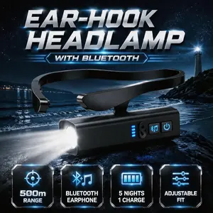 Ear-hook Headlamp With Bluetooth, 500m beam, bluetooth earphone,Listen to music & take calls,wide floodlight, detachable as handheld flashlight, adjustable headband, USB-C, all-night battery life, for night fishing, work, hiking
