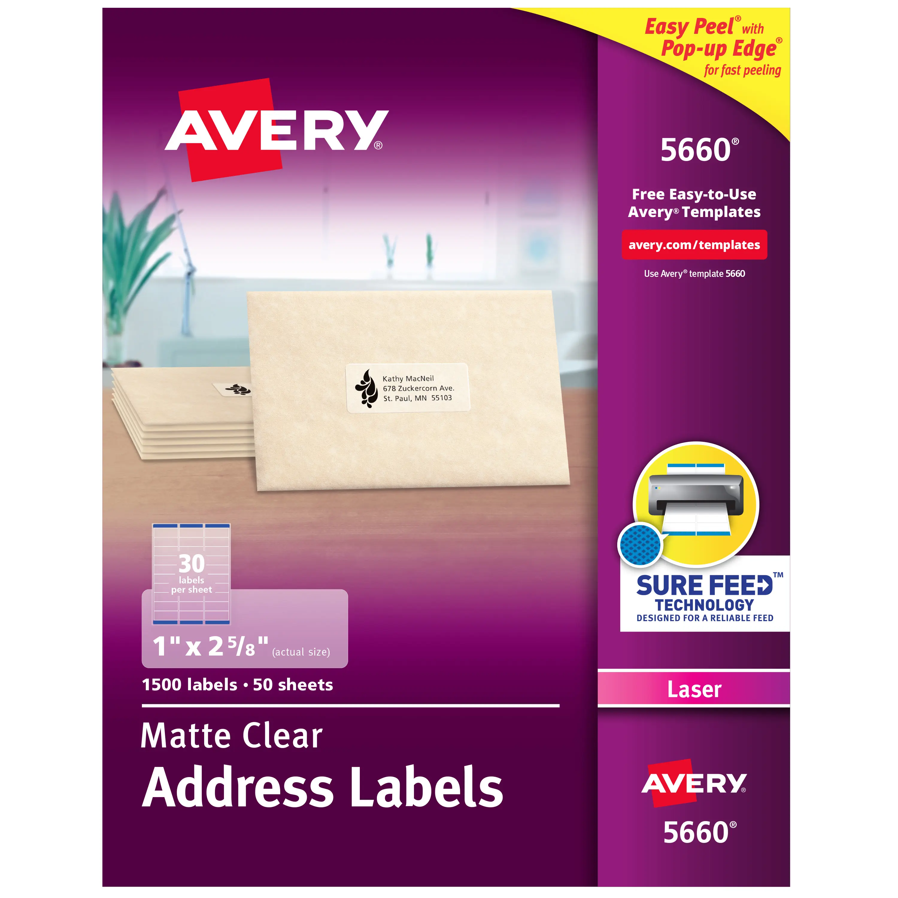 Avery Printable Address Labels with Sure Feed Technology, 1" x 2-5/8", Matte Clear, Compatible with Laser Printers, 1,500 Blank Labels Total (5660)