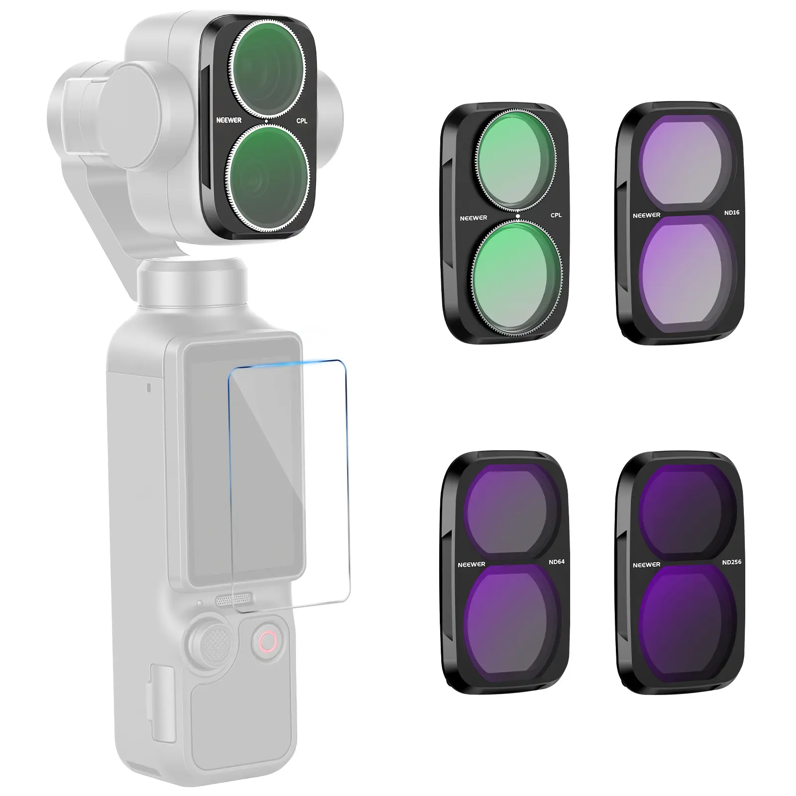NEEWER Magnetic CPL & ND Filter Set for DJI Osmo Pocket 4P Gimbal Digital Camera, ND16/ND64/ND256 Filters with Touchscreen Protector, Cleaning Cloth, Storage Case (No Carabiner) - Camera Accessories, Lens Filters