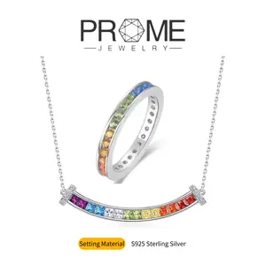 (SS012)S925 Sterling Silver Rainbow Pendant Necklace & Ring Set Radiant Beauty, Fashionable Charm, Perfect Gift for Women’s Daily Wear