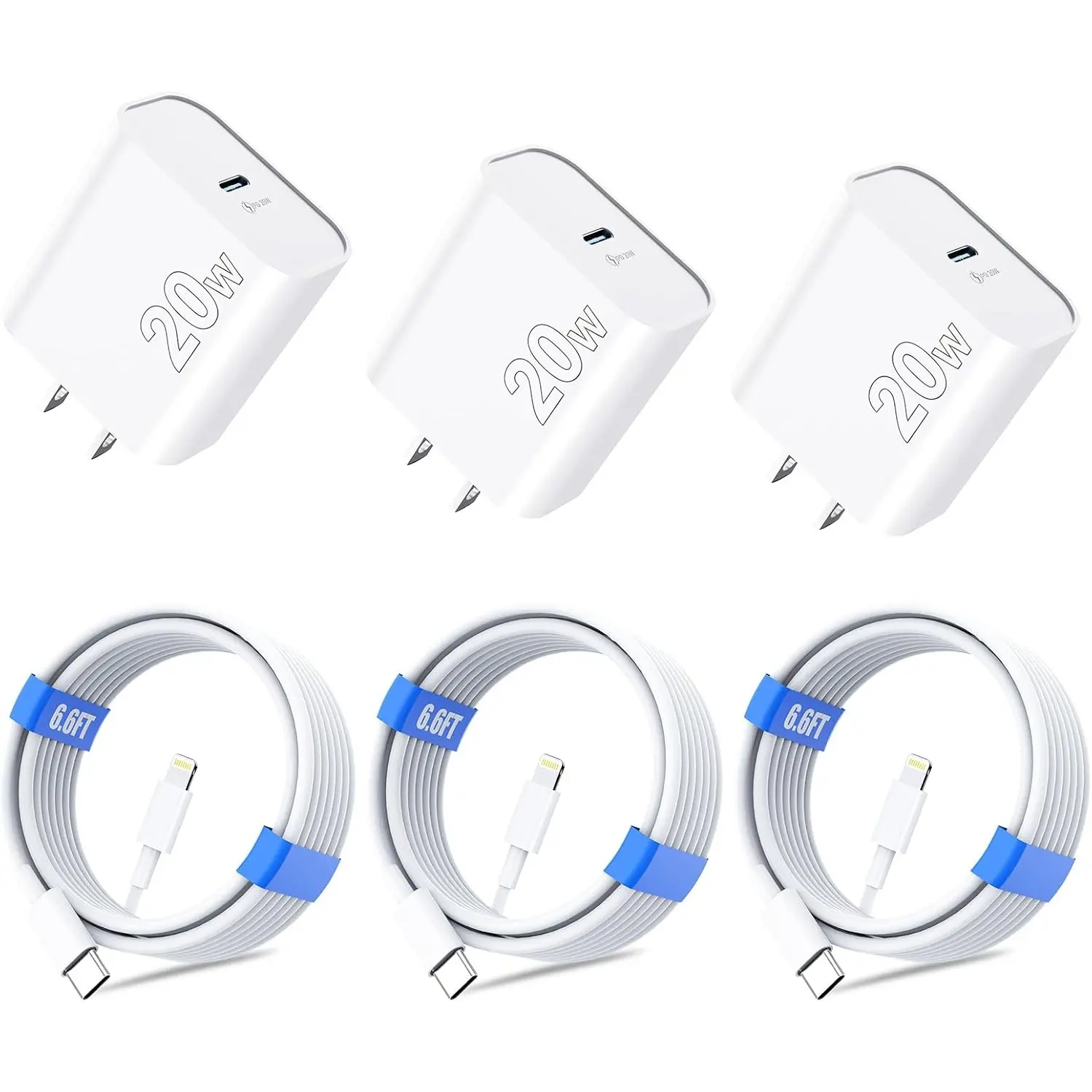 For iPhone Charger,3-Pack 20W PD USB C Wall Charger Block with 6.6ft USB C to Lightning Cable Compatible with iPhone 14 Pro Max/Pro/Plus/Mini/iPad & More