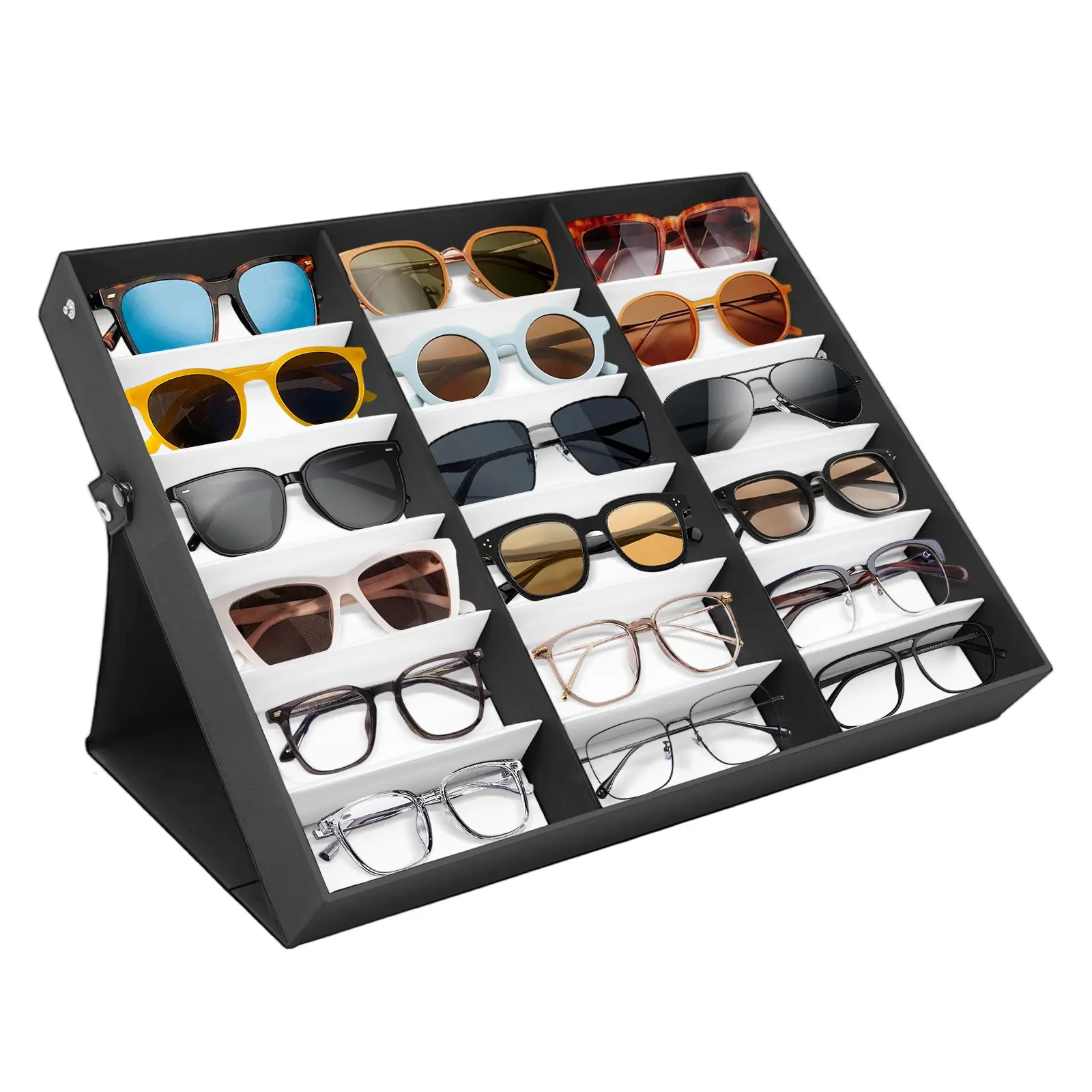 18-Slot MDF & Silk Sunglasses Organizer with Flip-and-Fold Lid, Compact & Lightweight Eyeglasses Storage Case, Dustproof & Scratch-Preventing for Home, Store, Office, Watch Display summerwins Father Son High School Graduation Gift, Black Cover, 1.25Kg/2.7