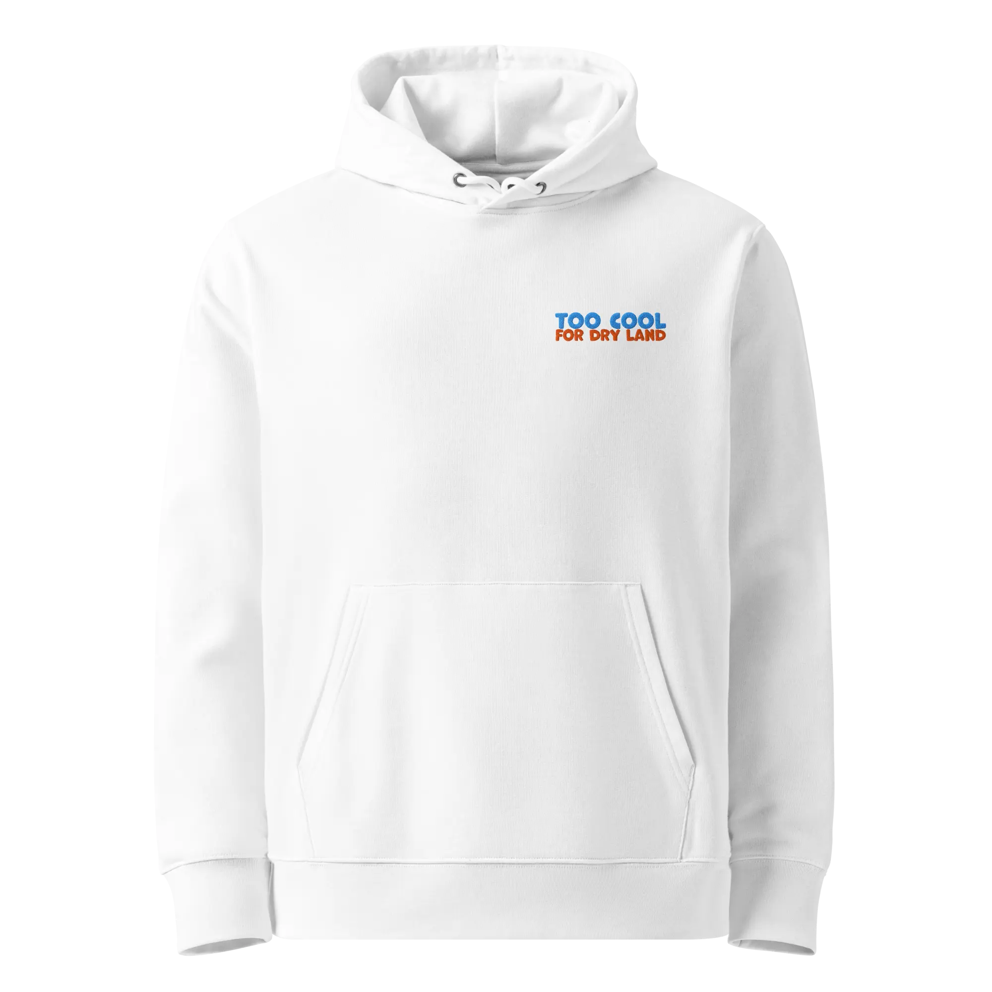 Men's Organic Cotton Hoodie Tops - Long Sleeve Menswear Garment, Breathable Plush Natural Fabric, Embroidered "Too Cool for Dry Land" Embroidery, Sturdy Hem, Casual
