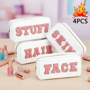 4PCS/Set White Makeup Bag Towel Embroidery Cosmetics Travel Amenity Bag Letter White Makeup Bag Portable Wallet Ladies Makeup Bridal Shower Gift Engagement Bridesmaid Bachelorette Party Gifts  Makeup Bag Travel Cosmetics Pouch And Toiletry Bag