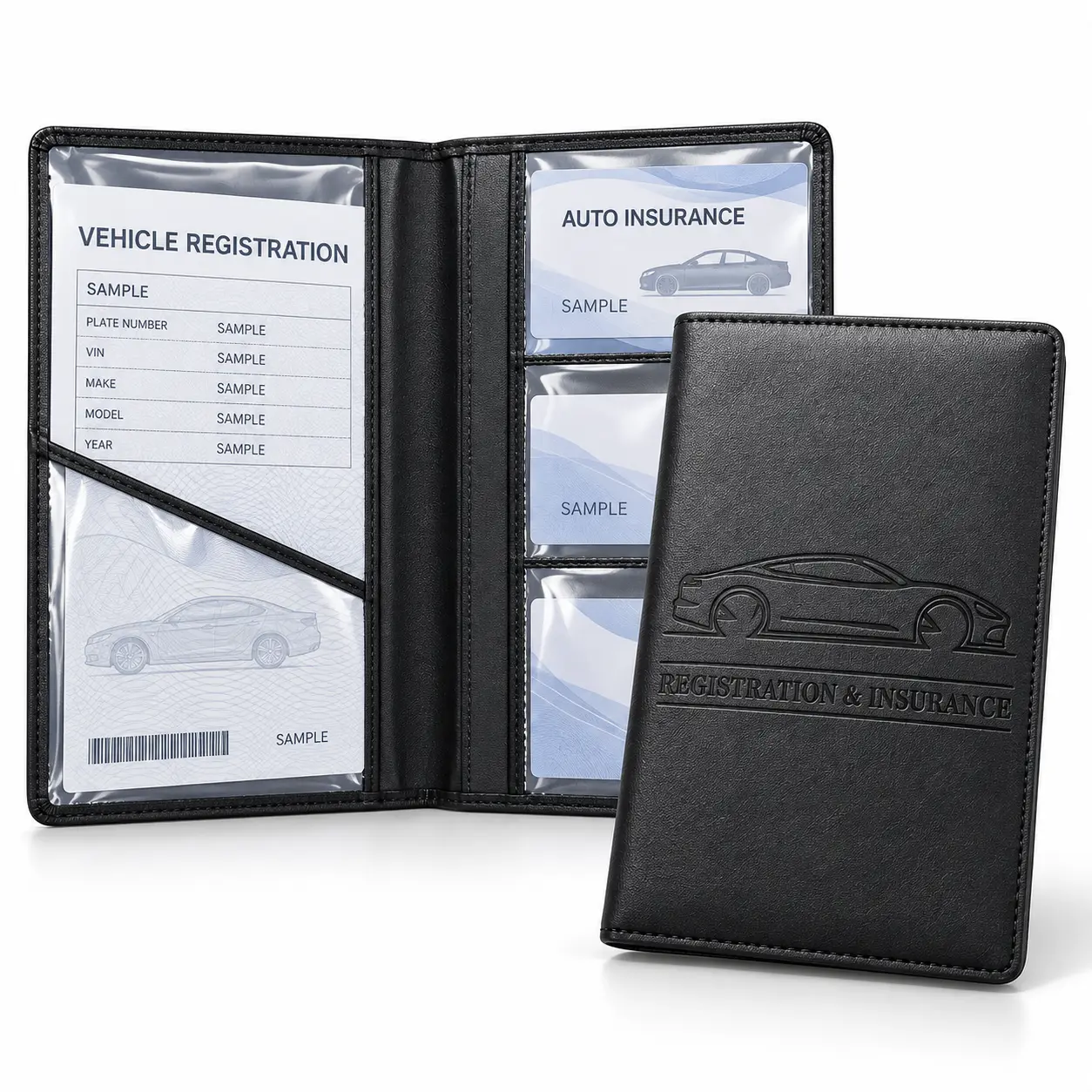 1-PACK, Car Registration & Insurance Holder, Black PU Vehicle Document Organizer with Magnetic Closure and Transparent Pockets, Slim Glove Box Storage Case for Registration, Insurance Cards and Car Papers