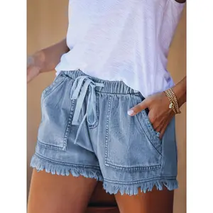 Women'S Casual Fashion Drawstring Elastic Waist Denim Shorts With Frayed Hem, Summer Comfort Fit Jean Shorts