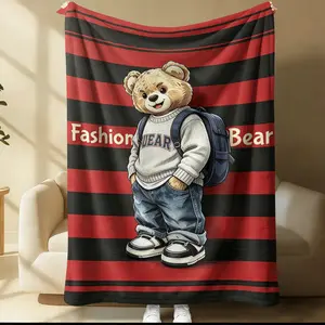 Fashionable cartoon bear trendy print pattern blanket, suitable for all seasons, ideal for beds, sofas, cars, room decor, and gifts, perfect for children or adults