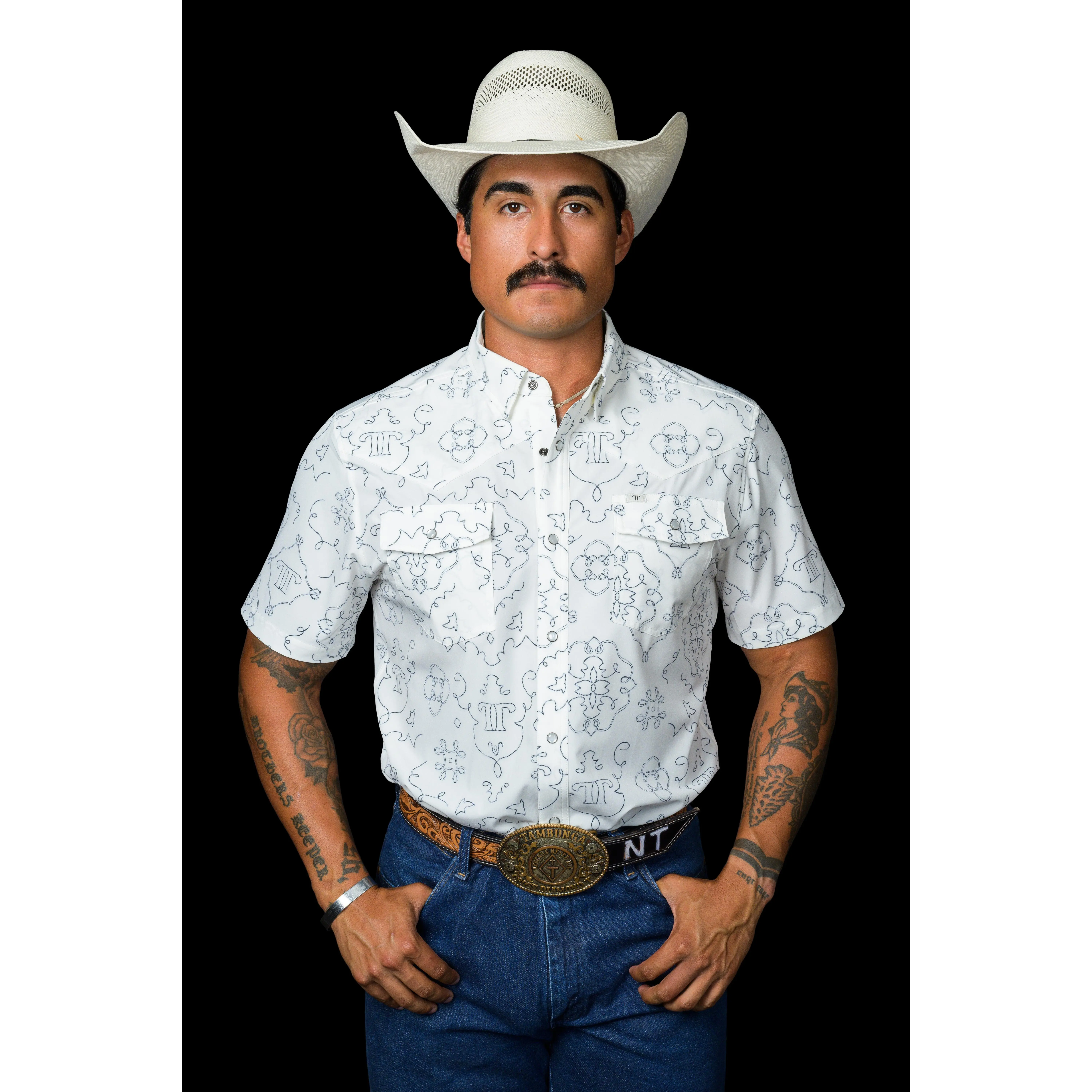 Men's Short Sleeve Western Shirt with Subtle Pattern | Breathable Soft-Stretch Pearl Snap with Pockets, Wrinkle-Resistant