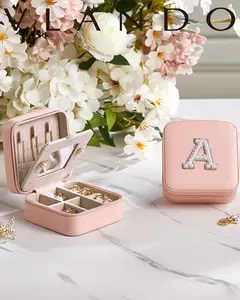 VLANDO Classic Square Eco-Friendly Mini Size Travel Jewelry Box for Girls - A-I Initial Customizable Organizer with Compartments, Summer Birthday Bridesmaid Gift