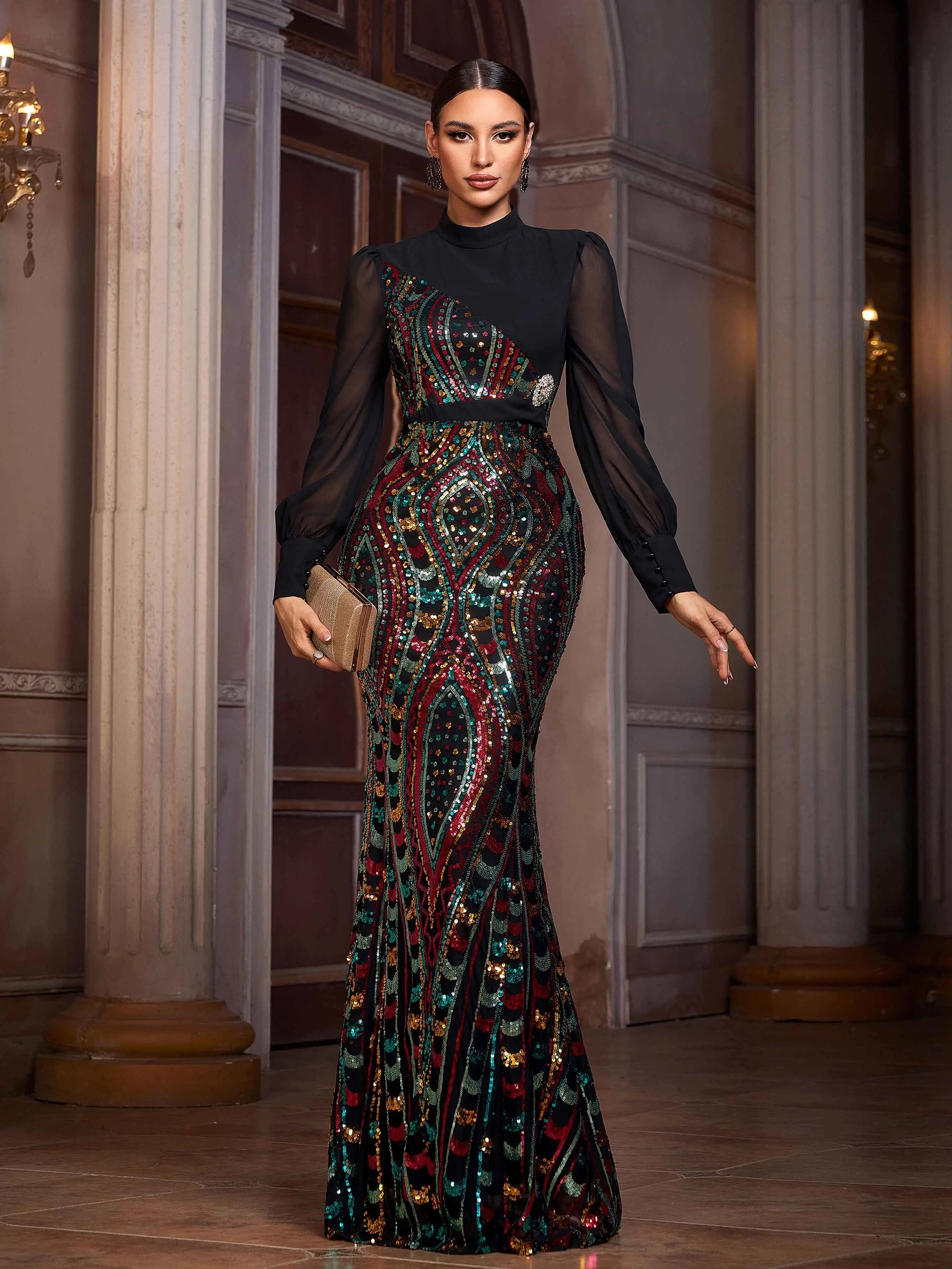 Women's Party Dress with Sequin Patchwork - Long Sleeve, Fitted, Formal, Elegant, Party Wear Women's Party Dress with Sequin Patchwork - Long Sleeve, Fitted, Formal, Elegant, Party Wear