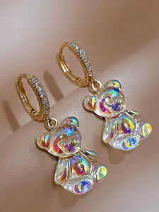 1 Pair Cute Bear Design Synthetic Resin Rhinestones Decor Dangle Earrings, Fashionable Earrings For Women, Girl's Temperament All-match Accessory