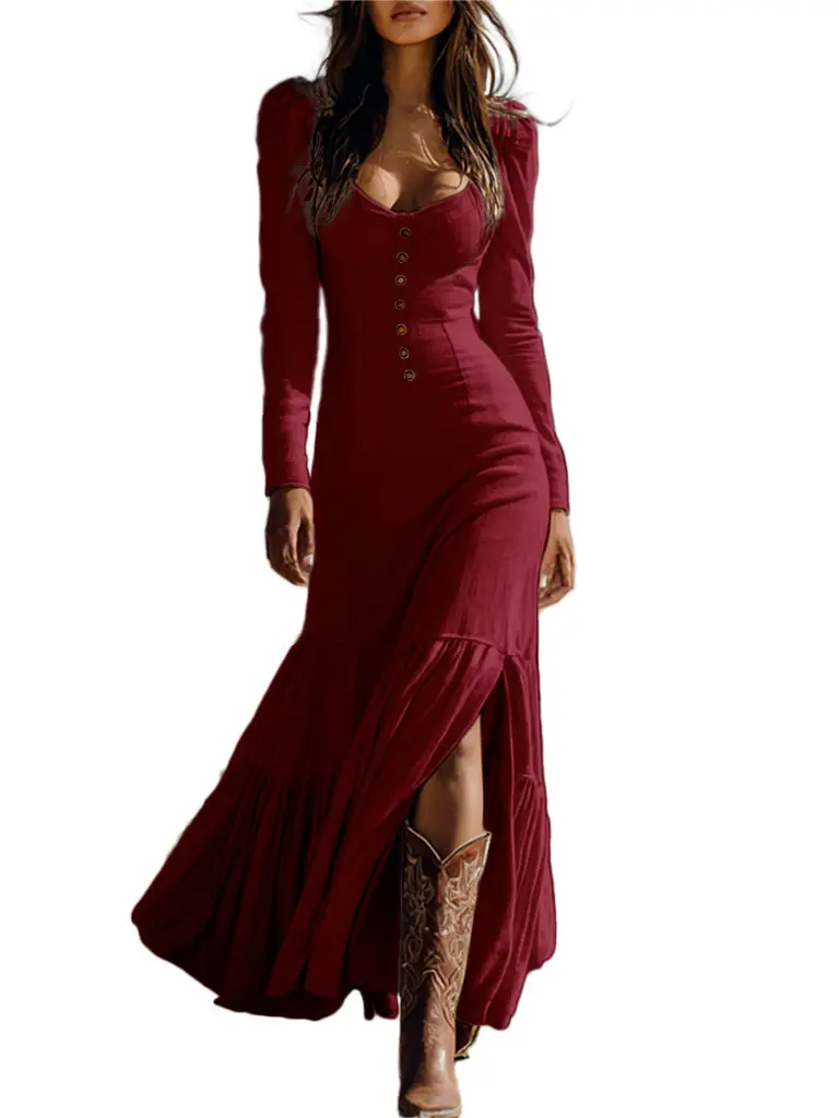 Women's Retro Western Style Polyester Longsleeves Dress - Lady's Button-Detailed Pleated Skirt, Sexy Casual Wear