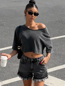 Women's Asymmetrical Crop Top Short Sleeve, Summer Casual Loose Fit, Plain Basic Minimalist Sporty Streetwear Style, Ideal for Daily Commute, Leisure, and Fitness