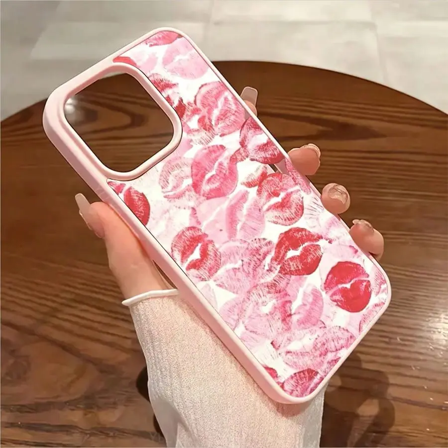 Art Design Pink-Red Lipstick Kiss Pattern Phone Case - Shockproof, Slim, Scratch-Resistant Smartphone Cover for iPhone 16/15/14/13/12/11/X Series Handheld Cellphone Devices, Ideal Gift Accessory