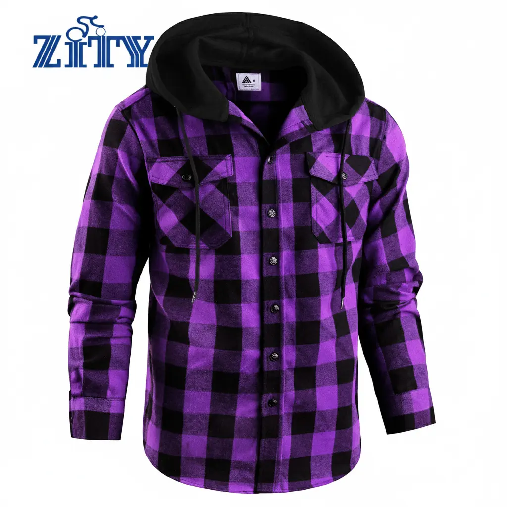 ZITY Men's Purple Plaid Hoodie - Comfy Long Sleeve Flannel Pullover, Business Casual Lightweight Sweatshirt with Pocket, Soft Fabric Everyday Wear Mens Gift, Sweatshirts